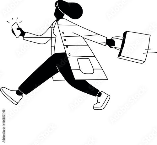 Busy Woman Shopping Online, Minimalist Black and White Line Art Illustration