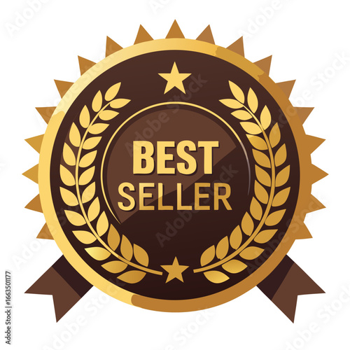 Golden best seller award badge with laurel wreath