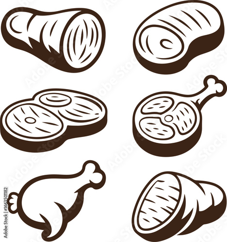 Collection of Black and White Meat Cut Vector Illustrations | Chef and Culinary Icons