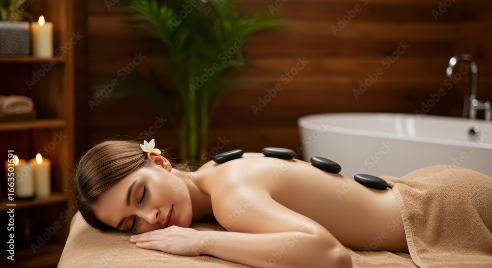 Obraz premium Close-up of a relaxation hot stone spa therapy scene