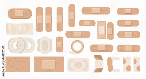 Collection of assorted medical adhesive bandages, wound care supplies and medical dressings for first aid