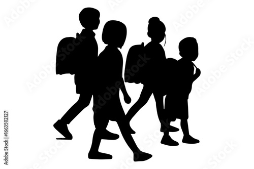 Silhouette of School Children Walking with Backpacks