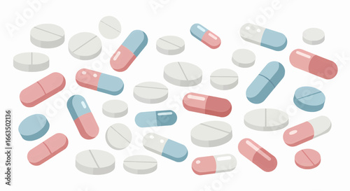 Variety of pharmaceutical pills and capsules scattered, symbolizing health, medication, and wellness treatment options