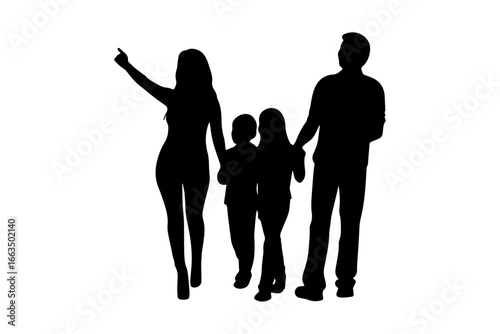 Silhouette of Family with Two Children Walking