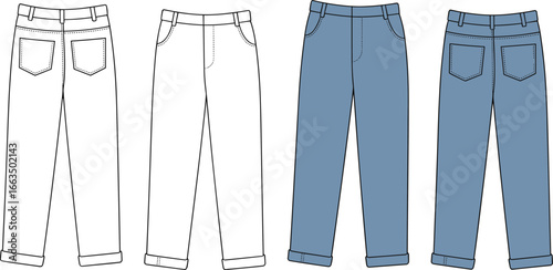 CAD drawing flat vector illustration of men’s pants, front and back views, pocket detail, stitching layout, technical fashion sketch, garment design, clothing template, apparel blueprint