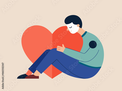 Person embracing a large red heart with closed eyes