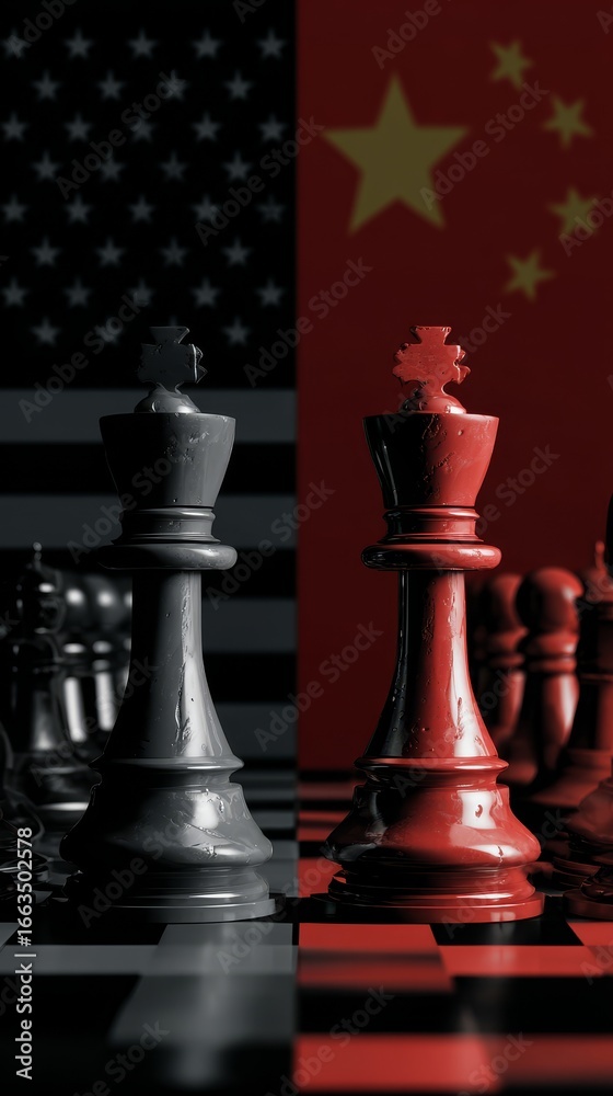 Obraz premium US China Geopolitical Rivalry Symbolized by Chess Game