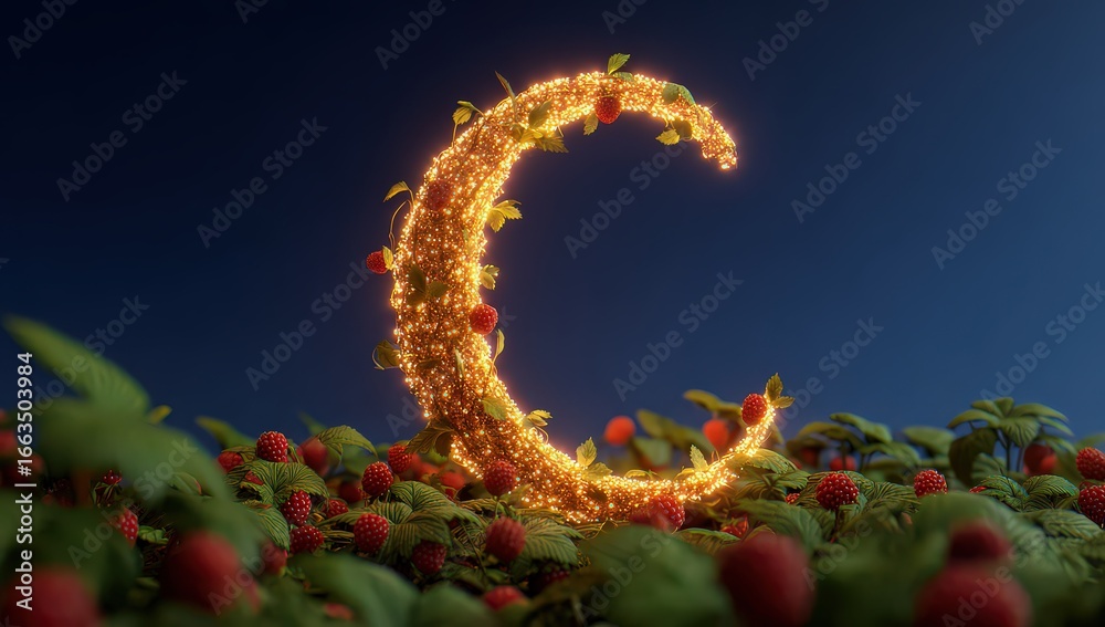 Obraz premium Glowing Golden Crescent Moon Amid Berries