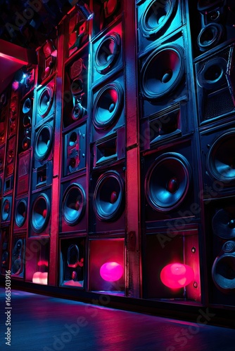 Wall of speakers lit by vibrant colors