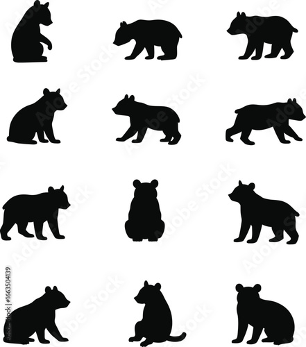 Twelve adorable bear cub silhouettes various poses