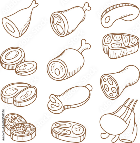 Collection of Black and White Meat Cut Vector Illustrations | Chef and Culinary Icons