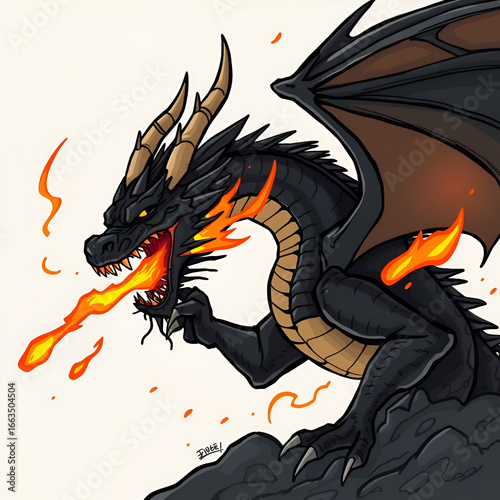 illustration of a black dragon spitting fire