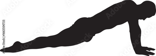 Black silhouette of a person doing a plank exercise, symbolizing strength, fitness, core workout, and physical training
