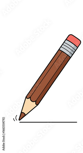 A simple wooden pencil with a pink eraser draws a straight line on a white background