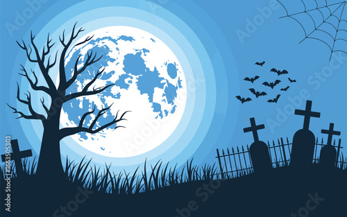 Halloween Moonlit Graveyard with Bare Tree and Flying Bats