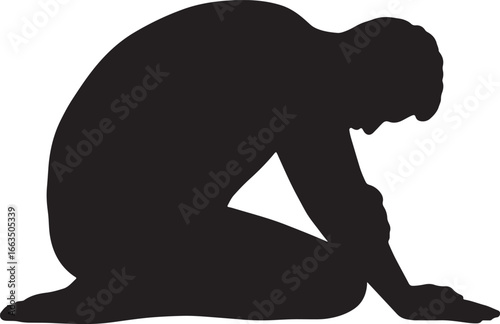Black silhouette of a depressed man, seated in a fetal position, expressing sorrow, despair, and emotional pain from a traumatic experience