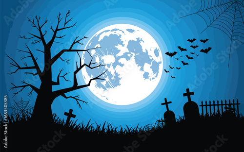 Spooky Halloween Night with Full Moon, Tombstones, and Bats