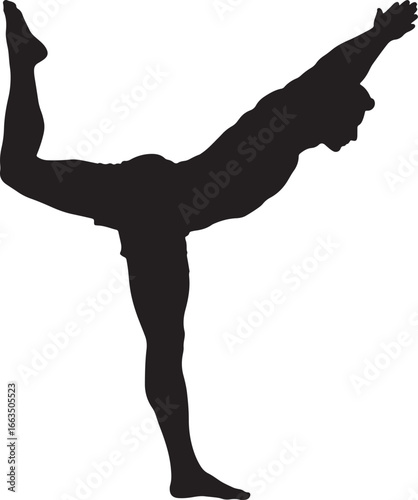 Black vector silhouette of a person in a balancing dancer yoga pose, perfect for fitness and wellness designs