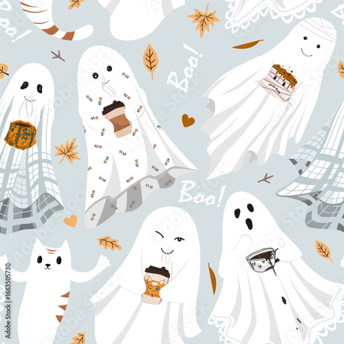 Funny cute sheet ghost holding hot drinks mugs seamless party. Halloween background vector illustration. Fall season aesthetic design