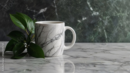 White Ceramic Mug with Green Leaves on Marble Background V1