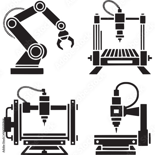 Art of set of industrial robot arms and automated machinery icons, representing advanced manufacturing, precision engineering, and technological innovation in modern production processes