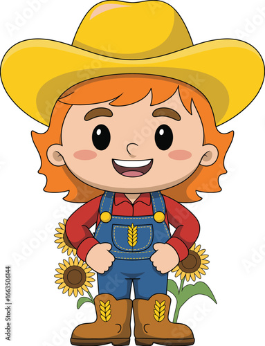 Cartoon farm boy with sunflowers, cute child in overalls and cowboy hat, smiling kid character vector illustration, rural lifestyle agriculture clipart
