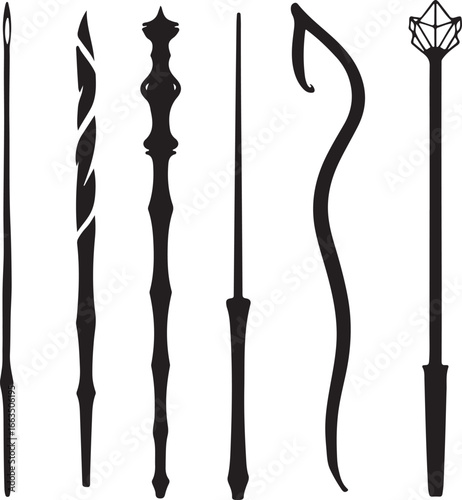 Assorted decorative staffs and needles wand magic