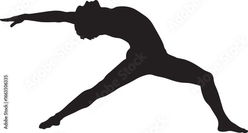 Silhouette of a person in the yoga reverse warrior pose for fitness, wellness, and exercise isolated on a solid white background