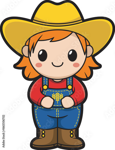 Cute cartoon farm boy character, child in overalls and cowboy hat, smiling kid vector illustration, wheat symbol, agriculture rural lifestyle clipart