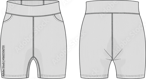 CAD drawing flat vector illustration of men’s shorts, front and back views, drawstring waistband, pocket detail, casual garment layout, fashion sketch, technical clothing design