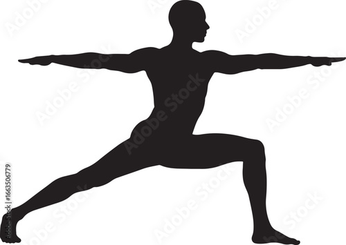 Silhouette of a person performing a yoga warrior pose, representing fitness, health, and a mindful, active lifestyle on a clean white background