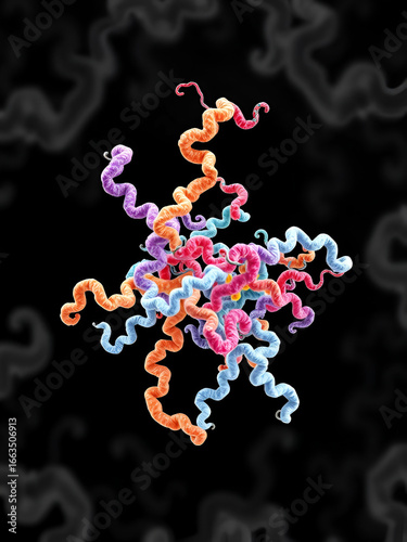 Crystal structure of interleukin-15 quaternary complex. Ribbons diagram in secondary structure coloring based on protein data bank. Scientific background. 3d illustration