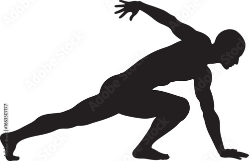 An active athletic male silhouette is crouching low in a dynamic pose, showing movement and readiness for action, perfect for fitness, sports and health concepts