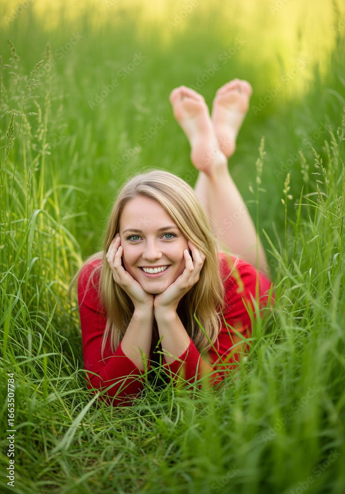 Serene meadow Portrait: A radiant woman with flowing blonde hair smiles contentedly as she relaxes in a lush green meadow, capturing the serenity of nature and inner peace. Serene meadow Portrait: A radiant woman with flowing blonde hair smiles contentedly as she relaxes in a lush green meadow, capturing the serenity of nature and inner peace.
