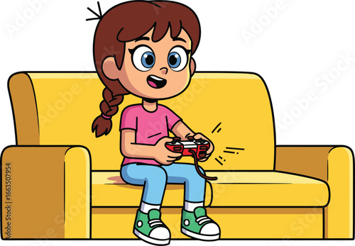 Happy girl playing video games, sitting on yellow couch, holding game controller, cartoon style vector illustration for kids, fun, and entertainment content.