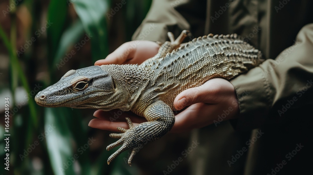 Obraz premium A lizard held gently in two hands.