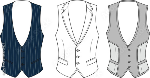 CAD drawing flat vector illustration of men’s waistcoats, stylish vests, front and back views, pinstripe, lapel, paneled details, technical fashion sketch, tailored garment layout, formal wear design
