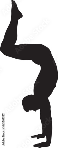 A man's silhouette performing a handstand, symbolizing balance, fitness, and strength in a display of physical activity and healthy living