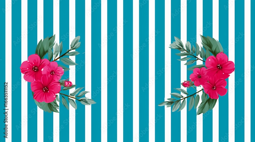 Obraz premium Vibrant tropical floral design with pink flowers on striped blue background.
