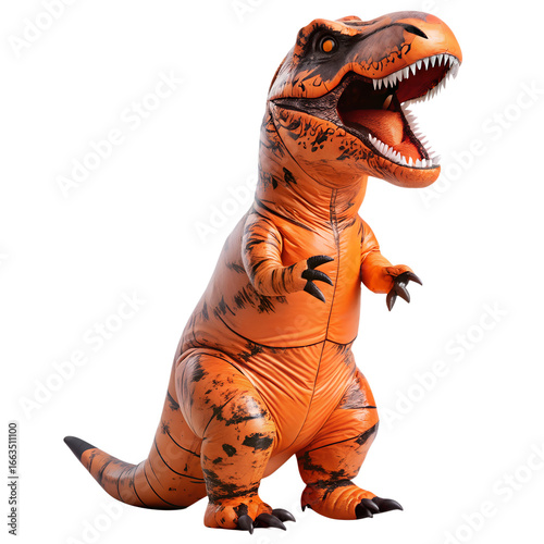 Orange Tyrannosaurus Rex Inflatable Costume with Open Mouth on transparent background orange inflatable costume open mouth This image features background