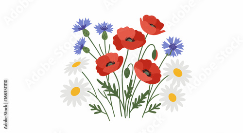 Vibrant Bouquet of Wildflowers Poppies, Daisies, and Cornflowers in a Floral Illustration