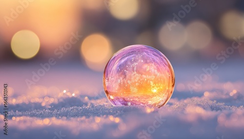 A vibrant, iridescent sphere rests on a bed of snow, reflecting a soft sunset