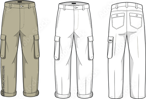 Cad drawing flat vector illustration of men's cargo pants with multi pockets, fashion technical sketch front side back view, utility style apparel template design