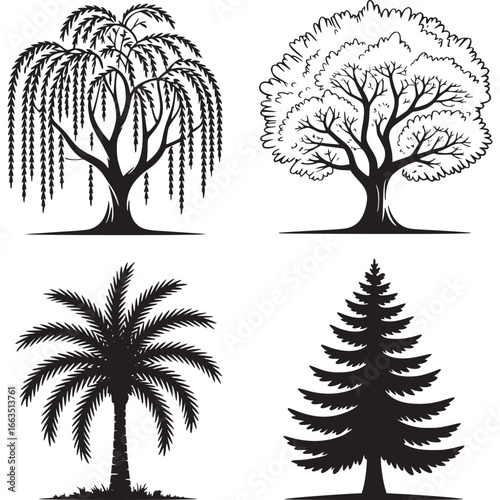Art of set of stylized tree icons including a weeping willow, deciduous tree, palm tree, and conifer