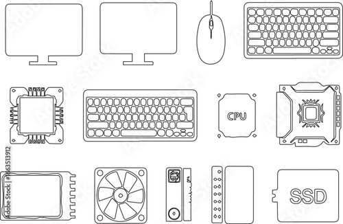 Bundle of 12 computer hardware silhouette vector, desktop PC, monitor, keyboard, mouse, CPU, GPU, motherboard, RAM, cooling fan, hard disk, SSD, minimal solid shapes on Transparent  background