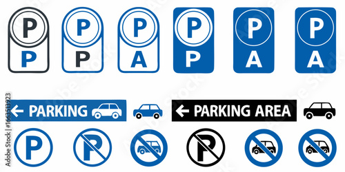 Assortment of parking signs and directional indicators Keywords: parking, sign, symbol, car