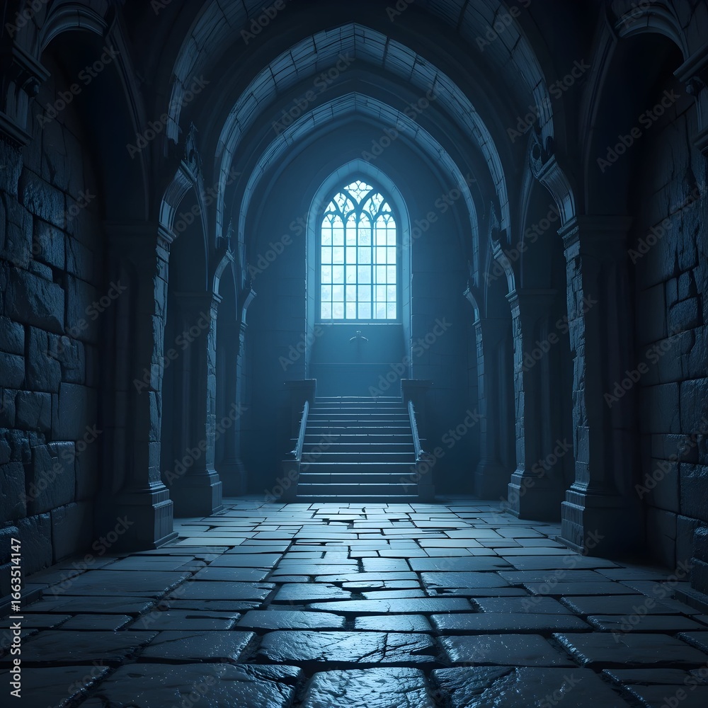 Fototapeta premium Horror and Fantasy: A Dark Castle Corridor, a Backdrop with a Chilling Atmosphere