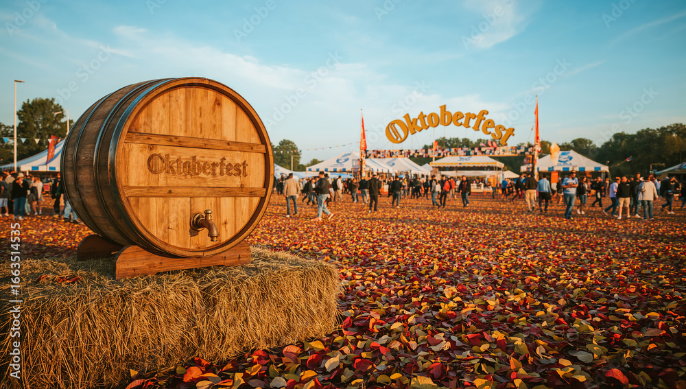 Obraz premium Wooden Oktoberfest barrel on hay bale with festive crowd and autumn leaves under blue sky
