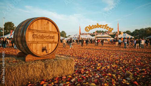 Wooden Oktoberfest barrel on hay bale with festive crowd and autumn leaves under blue sky