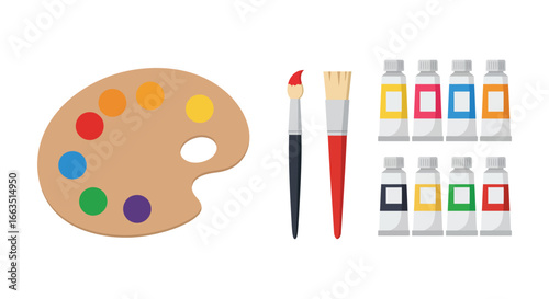 Painting supplies including palette brushes and tubes of paint